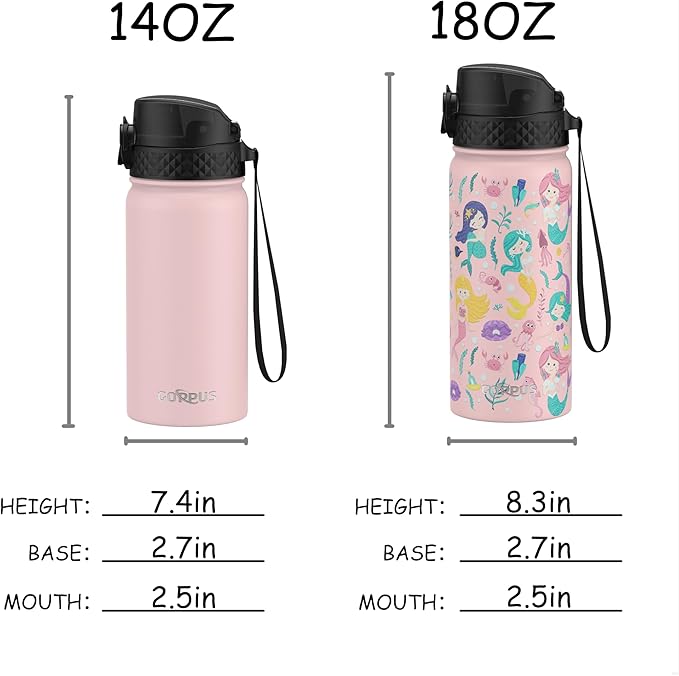 GOPPUS Kids Water Bottle (Straw Lid) - 18 Oz Stainless Steel Travel Bottle, Double Wall Vacuum Leak Proof Kids Cup for School Boys Girls,Happy Mermaids