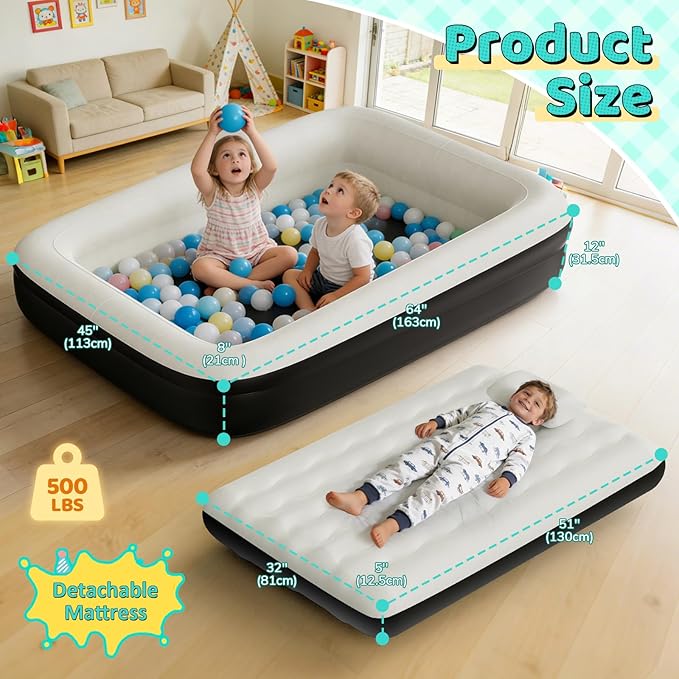 Inflatable Toddler Travel Bed - Toddler Blow Up Mattress with Safety Sides - Kids Air Mattress with Electric Pump & Carry Bag - Lightweight Camping Portable Bed for Sleeping Outddor - 64inch
