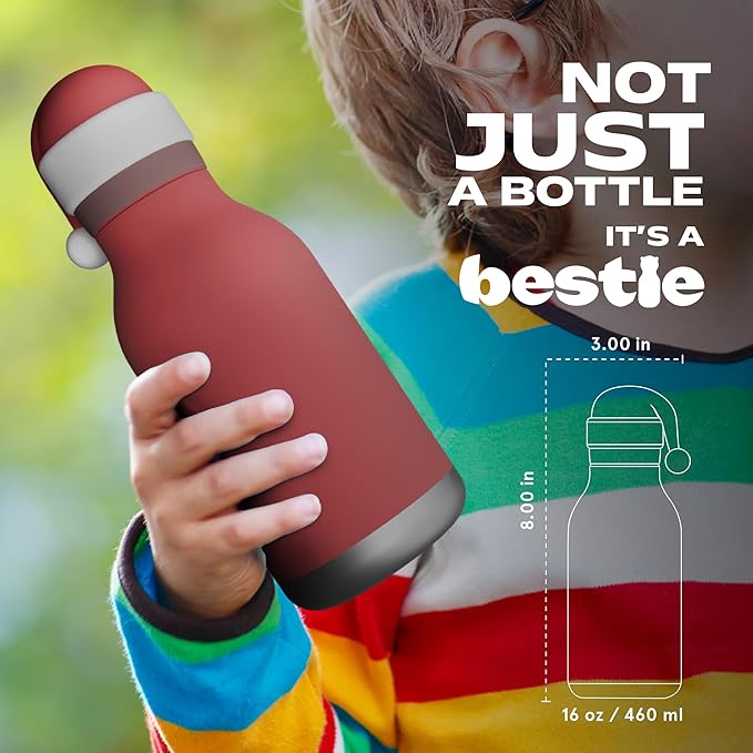 asobu Bestie Bottle Insulated Stainless Steel Water Bottle with Detachable Soft Animal Head Fun Drinking For Kids and Teens with Flexible Reusable Straw 16 Ounce (Santa)