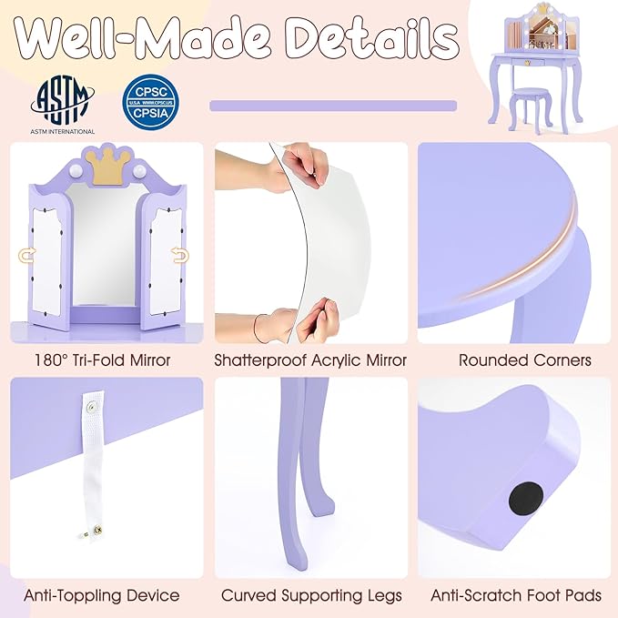 Costzon Kids Vanity with Lights, Girls Vanity Set with Mirror and Stool, Drawer, 2 in 1 Princess Makeup Desk Dressing Table, Kids Vanity Table and Chair Set, Violet