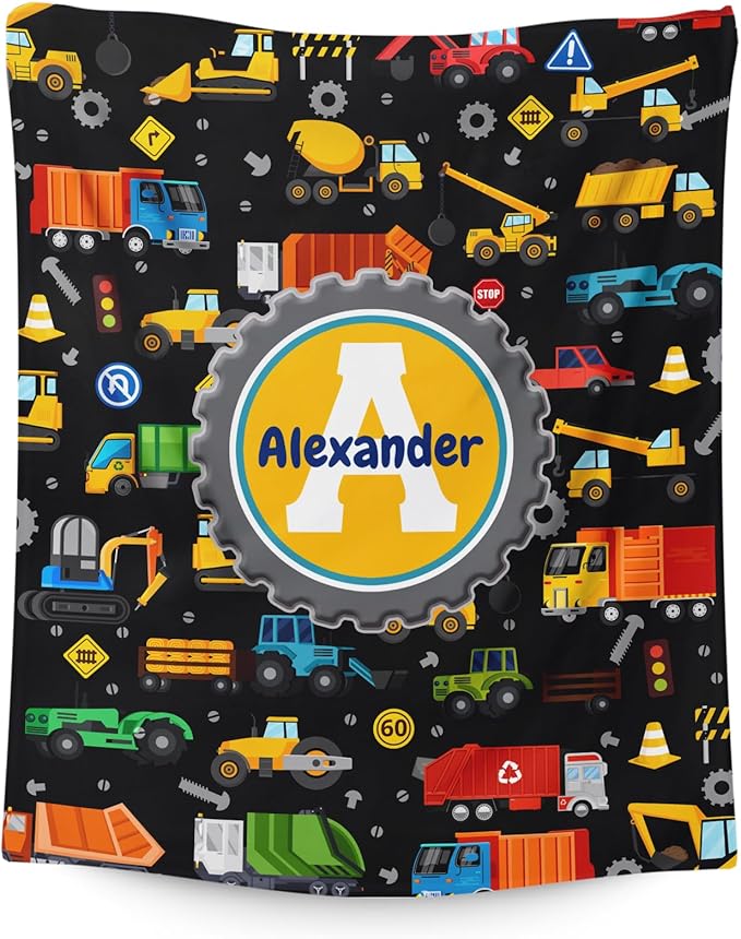 Custom Kids Blanket for Boys 6-8, Truck Gifts for Son Personalized Name 4 Sizes Initial Construction Themed Stuff Throw Soft Plush Cool Accessories Blankets for Sofa Chair Bed Room