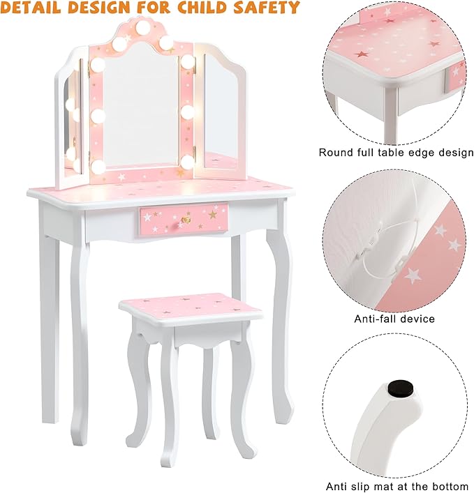 Kids Vanity Set, Princess Toddler Makeup Vanity with Mirror and 3-Color LED Lighted, Wooden Kids Vanity Table and Chair Set with Drawer for Little Girls