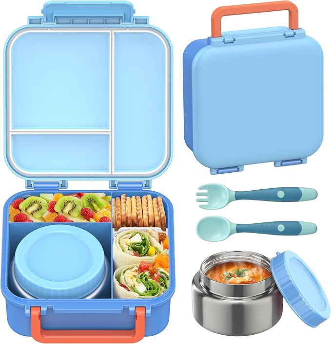 Bento Lunch Box for Kids with 9oz Thermo, Leak-proof Lunch Containers with 3 Compartments,Kids-friendly Size,Durable/Dishwasher Safe Lunch Box for School Outdoors-Blue
