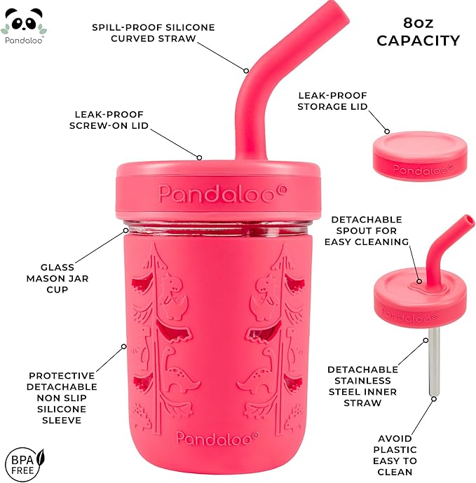 Pandaloo® Mason Jar Toddler Cup - 8 oz Spill-Proof Glass Tumbler with Silicone Straw and Lid, Non-Slip Sleeve, BPA-Free Toddler Snack Cups - Perfect Smoothie Cups with Lids and Straws for Kids