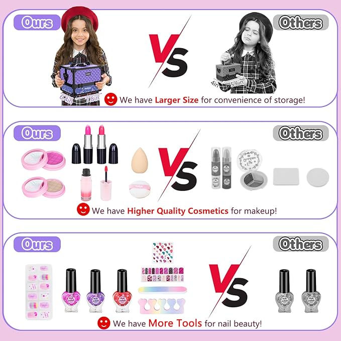 Hollyhi 59Pcs Kids Makeup Kit for Girl, Washable Play Makeup Toys Set for Dress Up, Beauty Vanity Set with Cosmetic Case Birthday Toys for Girls 3 4 5 6 7 8 9 10 11 12 Year Old Kids Toddlers (Purple)