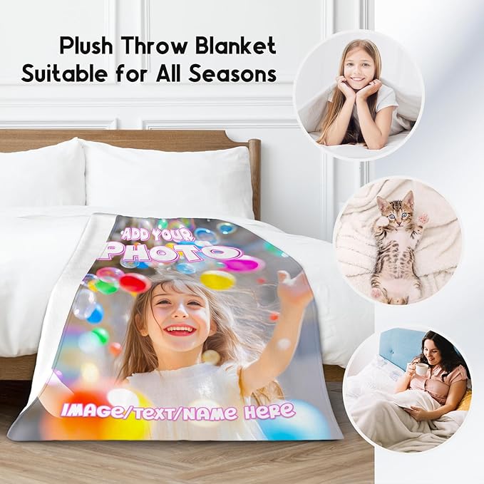 Personalized Throw Blankets, Custom Picture Blankets for Girls Kids, Customized Photo Blanket with Text Name, 50"x60" Soft Flannel Throw for Child Teens Women