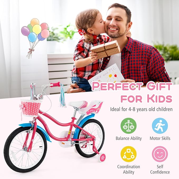 BABY JOY Kids Bike, 12 14 16 18 Inch Children Bicycle w/Detachable Training Wheels, Storage Basket, Adjustable Seat & Handlebar, Bow or Streamer, Girls Bike for 3-8 Years Old