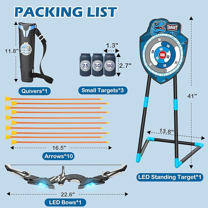 Kids LED Standing Archery Set with Bow & Arrows – Outdoor Sports Toy Gift for Boys & Girls Ages 4-12, Safe & Fun Target Practice Game, Blue