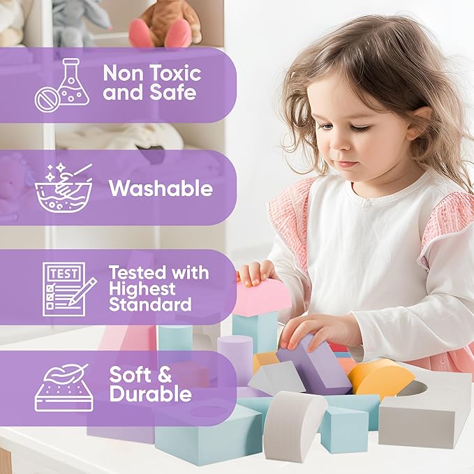 Set of 34 Jumbo Large Foam Blocks for Toddlers - Stacking Soft Blocks for Kids with Shapes & Colors Learning - Construction Building Preschool Toys - Giant Foam Bath Blocks for Toddlers 3-5 & above