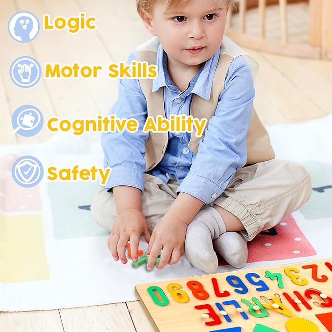 Baosity Personalized Name Puzzle for Kids, Custom Wooden Puzzles for Toddlers 1-3, Shape & Number Puzzle, Early Baby Toys, 1st Birthday Gifts Boy Girl, Gifts for Birthday Christmas Baby Shower