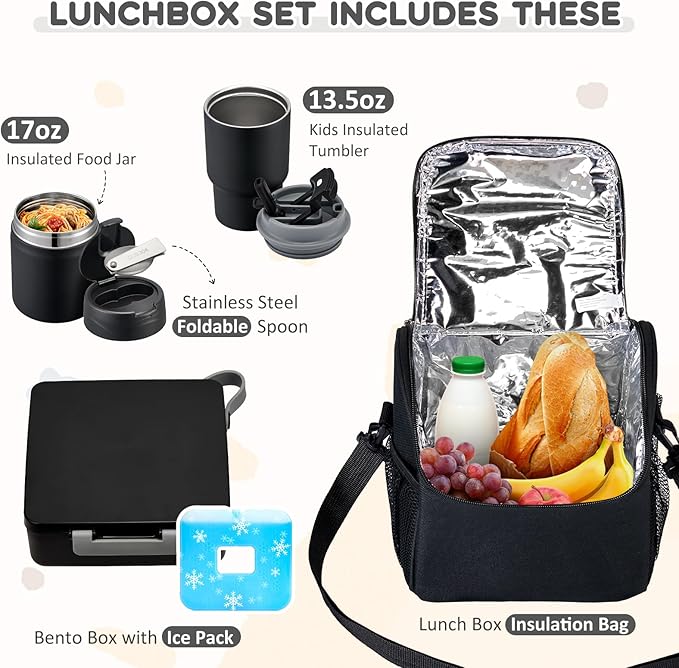 Lunch Box Set with Bento Box Container, 17OZ Stainless Steel Food Soup Thermo, Kids Water Bottle & Portable Insulated Lunch Bag – Leakproof, Hot/Cold Retention for School, Travel (Black)
