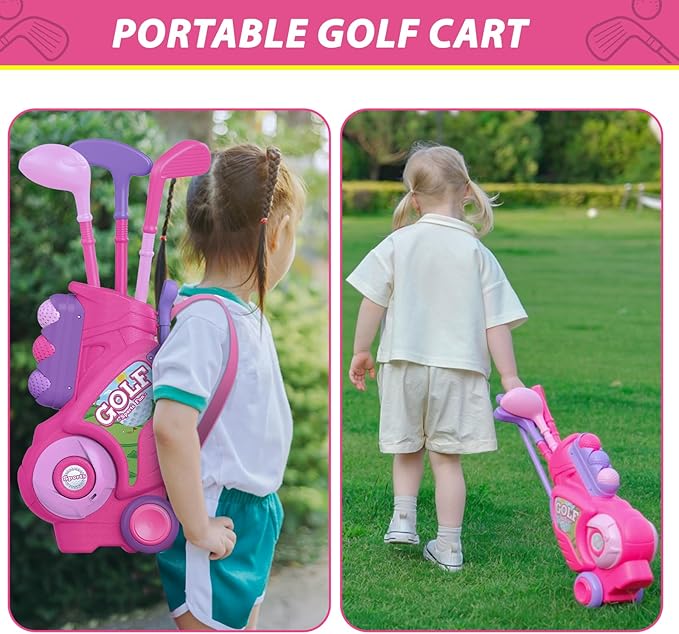 Liberry Toddler Golf Set for 2 3 4 Years Old Girls Boys, Upgraded Kids Golf Clubs Set with Golf Cart, Putting Mat, Outdoor Indoor Sports Toy Birthday Gift, Pink