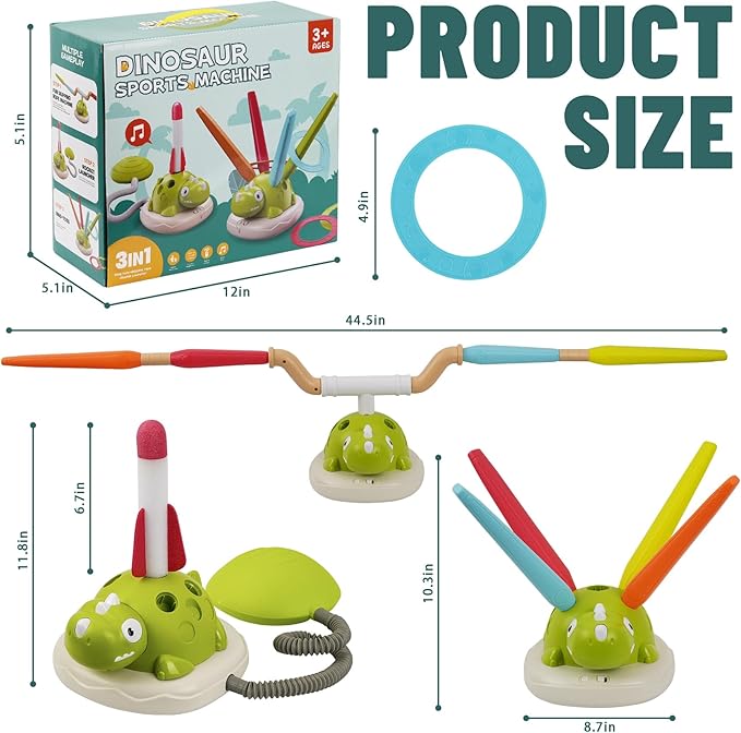3-in-1 Dinosaur Rocket Launcher, Ring Toss & Musical Jumping Toy for Kids Aged 3-8, Remote Control Outdoor & Indoor Toys for Boys and Girls, Birthday Gift for Boys & Girls Ages 4-8