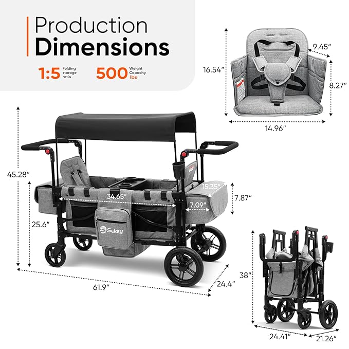 Sekey Wagon Stroller for 2 Kids, Luxury 4-in-1 Stroller Wagon - Premium Quality with Convertible Seats, Adjustable Push Handles, Removable Canopy, Snack Tray & Cooler, US Certified. Gray