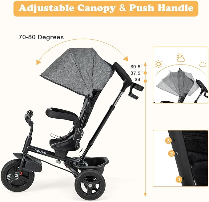 BABY JOY Tricycle, 6 in 1 Tricycle for Toddler w/Reversible Seat, Adjustable Canopy & Parent Handle, 5-Point Safety Belt, PU Wheels and Storage Basket, Push Tricycle for 9-60 Months (Gray)