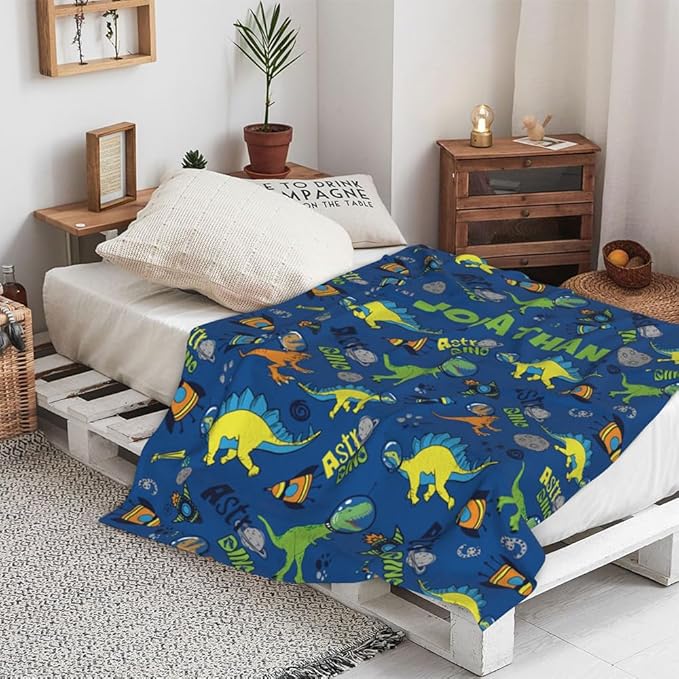Personalized Dinosaur Blankets for Kids, Baby, Toddler, Custom Soft Warm Fleece Throw Blanket with Name, Christmas Birthday Gifts for Boys Girls