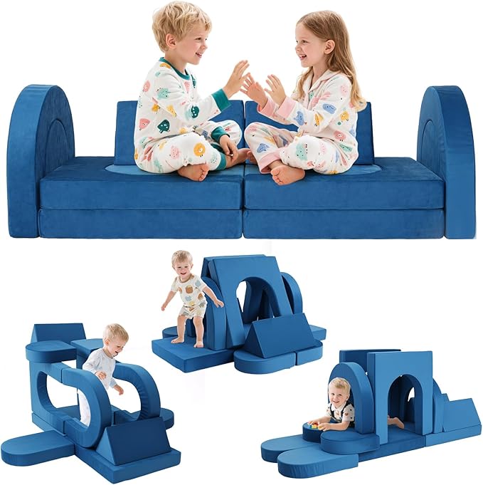 12 Pcs Modular Kids Play Couch, Toddler Couches That Fold Out, Plush Foam Chair for Children’s Playroom, Velvet Fabric Convertible Foam and Floor Cushion for Boys and Girls (Blue,07)