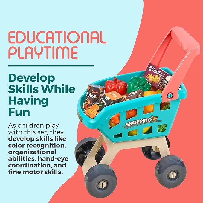 MEDca Kids Play Supermarket Set with Scanner - Pretend Play Grocery Shop Set - 47 Piece Complete Playset with Cash Register Credit Card Machine Scanner Shop Trolley and Food Gift for Boys and Girls