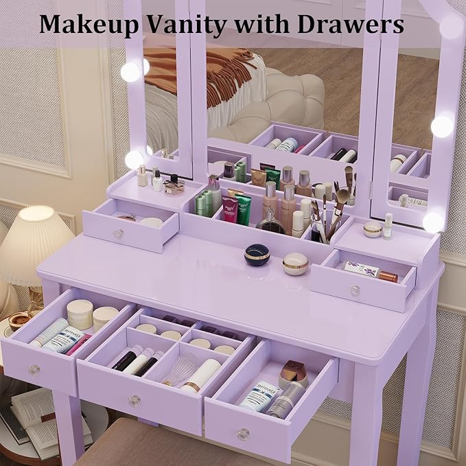 Purple Vanity Makeup Vanity Desk with Lights Vanity for Teen Girls Vanity Set for Teenager Vanity Table with Mirror for Bedroom Vanity Mirror with Lights Girls Desk and Chair