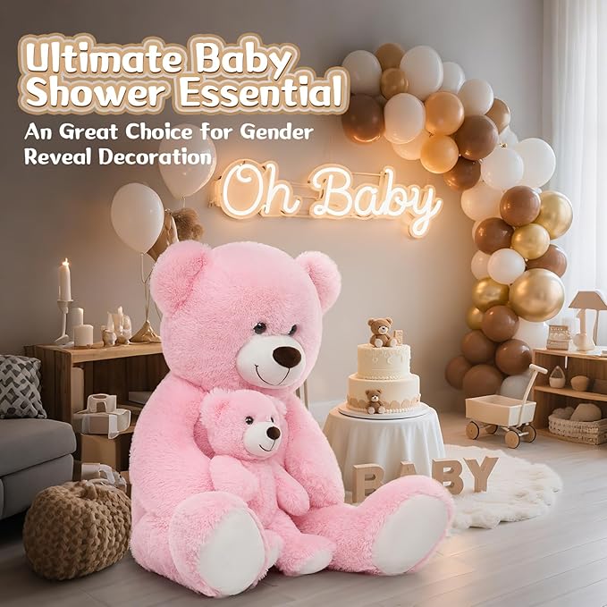MorisMos Mom and Baby Giant Teddy Bear, 39inch Soft Big Teddy Bears Stuffed Animal Plush for Baby Shower, Pink