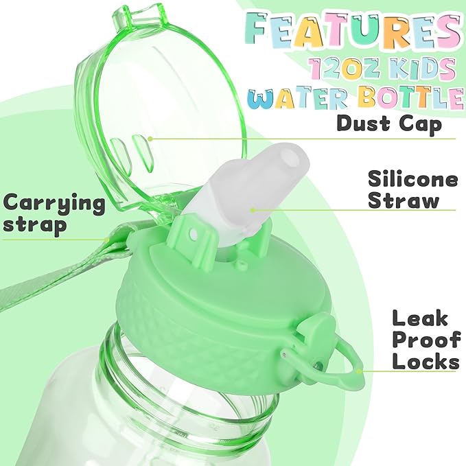 OLDLEY 12oz Kids Motivational Water Bottle for School Girls & Boys, Leak-Proof Tritan BPA-Free, Reusable Bottle with Silicone Straw, Pear