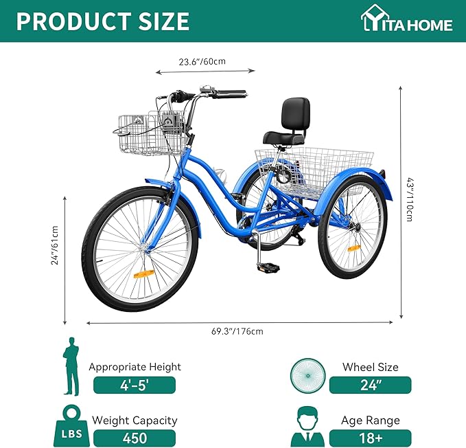 YITAHOME 24 & 26 Inch Adult Tricycle, 1 & 7 Speed 3 Wheel Bikes, Large Seat with Backrest Trike for Adults with Front & Rear Baskets, Cruiser Bike for Seniors Women Men Commute Picnic Outdoor