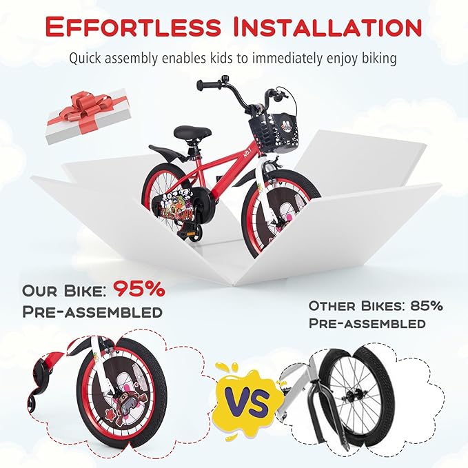 BABY JOY Rabbit Pilot Sporty Kids Bike, 12 14 16 18 Inch Child Bike for 3-8 Years Old with Adjustable Height, Training Wheels, Storage Basket, Handbrake & Coaster Brake, Kids Bicycle for Girls Boys