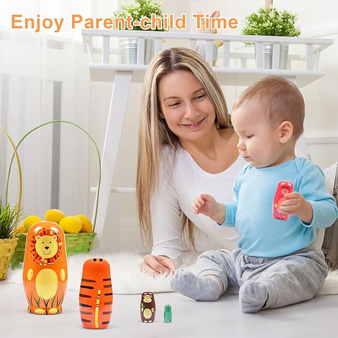 Nesting Dolls, Animal Nesting Easter Eggs Toys, Wooden Matryoshka Dolls for Kids (Round Lion)