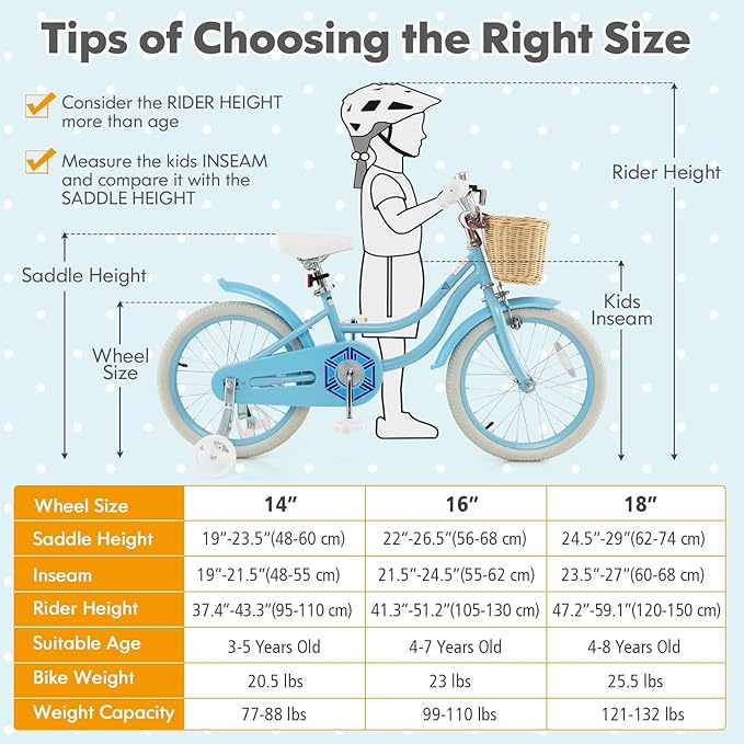 COSTWAY Kids Bike, 14 16 18 Inch Toddler Bike with Training Wheels, Basket, Adjustable Seat & Handlebar, Hand & Coaster Brakes, Bell, for Girl Boy Aged 3-8 Years Old