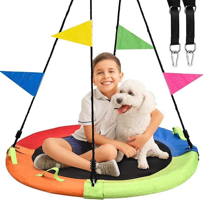 Tree Swing, Saucer Swing, 40 inch 900lbs Weight Capacity, with Adjustable Hanging Straps, for Backyard Outdoor, Multicolor, Circle Round Disc, Gifts for Kids