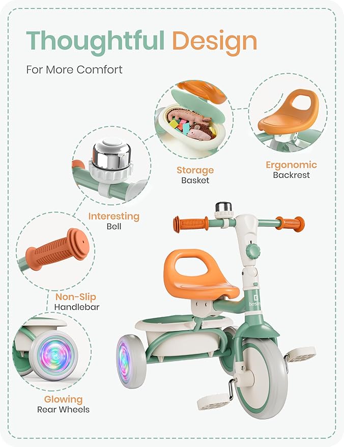besrey Kids Tricycle with Flash Wheels for Ages 18 Months to 5 Years, Toddler Tricycle with Bell, Kids Tricycle, Gift for 2-5 Year Olds, Gift and Toy for Boys and Girls, Tricycle for Toddlers, Green