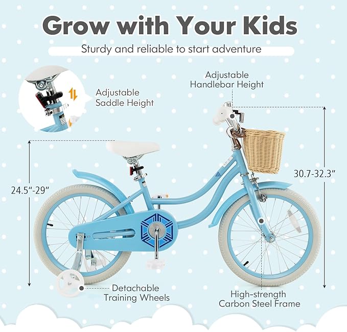 COSTWAY Kids Bike, 14 16 18 Inch Toddler Bike with Training Wheels, Basket, Adjustable Seat & Handlebar, Hand & Coaster Brakes, Bell, for Girl Boy Aged 3-8 Years Old