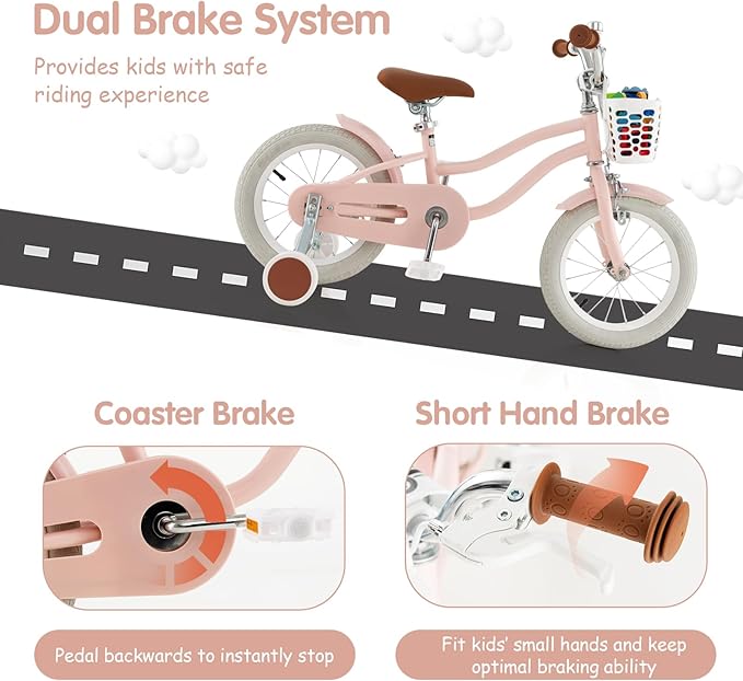 HONEY JOY Kids Bike, 12 14 16 18 20 Inch Toddler Bikes w/Training Wheels, Handbrake & Coaster Brake, Fully Enclosed Chain, Adjustable Handlebar & Seat, Kids Bicycle w/Basket, Girls Boys Bike 3-8