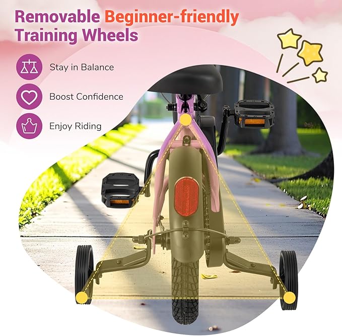 COSTWAY 12/14/16/18 Inch Kids Bike, Children Toddler Bicycle with Training Wheels, Adjustable Seat & Handlebar, Handbrake & Coaster Brake, Reflectors, Bell, Suitable for 3-8 Years Old Boys Girls