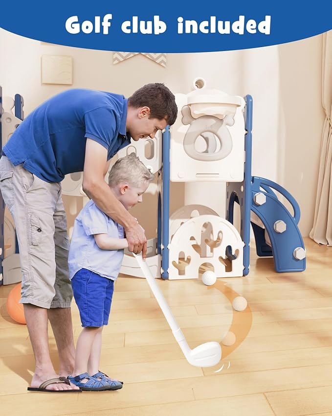 XJD Toddler Slide,11 in 1 Kids Slide for Toddlers 1-3, Toddler Climbing Toys,New Upgrade with Golf Set, Basketball Hoop for Indoor Outdoor Playset (Blue)