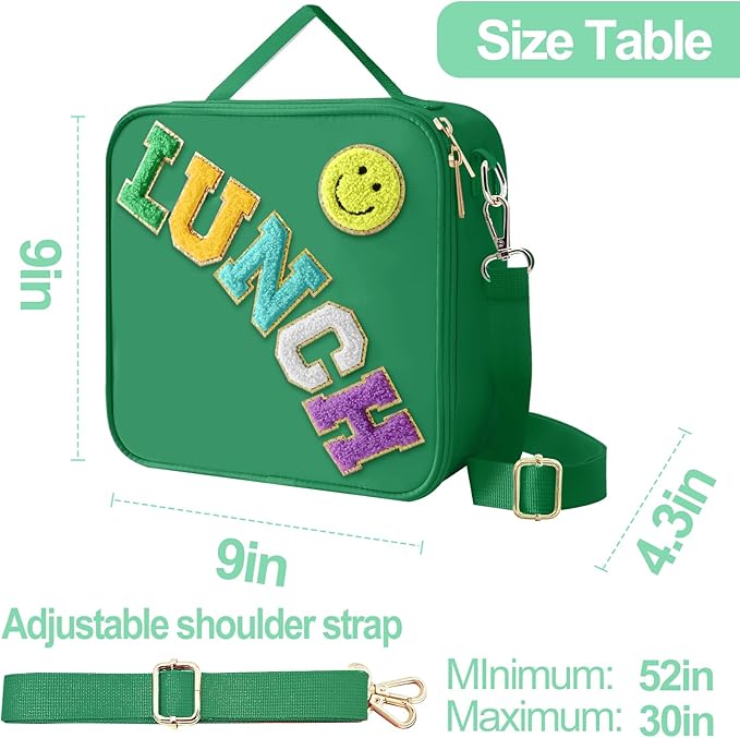 Insulated Lunch Bag With Adjustable Shoulder Strap, Nylon Preppy Lunch Box Large Insulated Lunch Bag Reusable Lunch Tote Bag with Smiley Preppy LunchBag for Girls School Travel Picnic (Dark green)