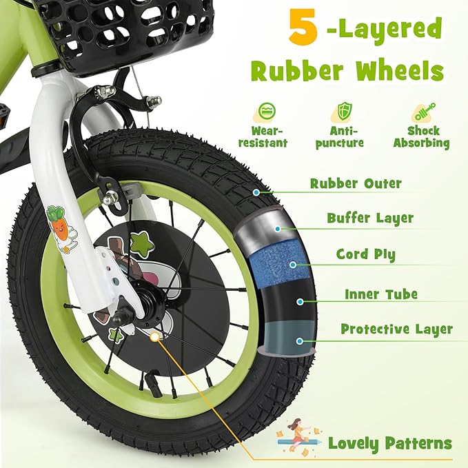 BABY JOY Rabbit Pilot Sporty Kids Bike, 12 14 16 18 Inch Child Bike for 3-8 Years Old with Adjustable Height, Training Wheels, Storage Basket, Handbrake & Coaster Brake, Kids Bicycle for Girls Boys