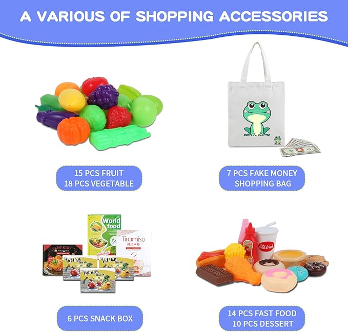 Kids Shopping Cart - 2 in 1 Toy Shopping Cart with Play Food Fruit Vegetable Dessert and Shop Accessories, 72pcs Pretend Play Grocery Store Toy Kitchen Game Trolley Play Set for Kids (Navy Blue)