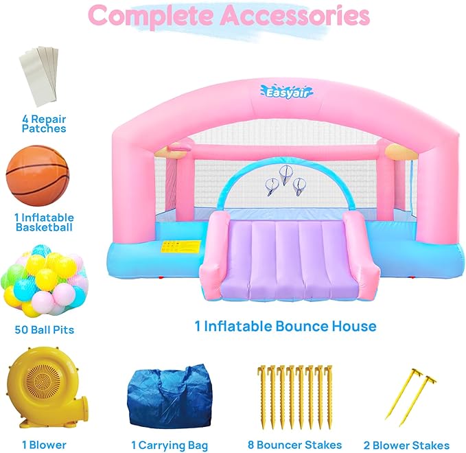 Large Bounce House for Big Kids, 14.8 x 14.5 FT Inflatable Bouncer Jumper Slide with 650W Blower, Basketball Hoop, Throw Ball Game, Ball Pits (Pink, 177" L x 174" W x 94" H)