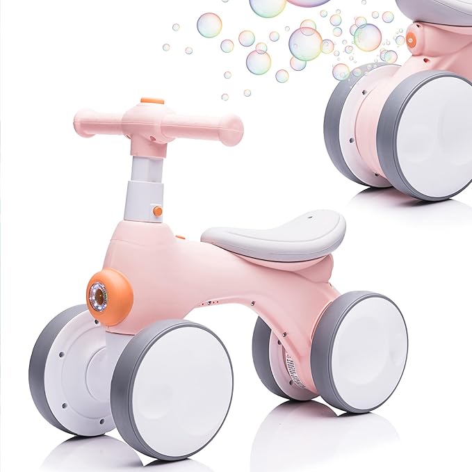 Baby Toddler Balance Bike with Bubble Machine for 1 Year Old Children,4 Wheels Kids Balance Bike w/Bubble Maker,Kids Ride on Toys,Headlight for Ages 12-36 Months Boys Girls (Pink&Orange)