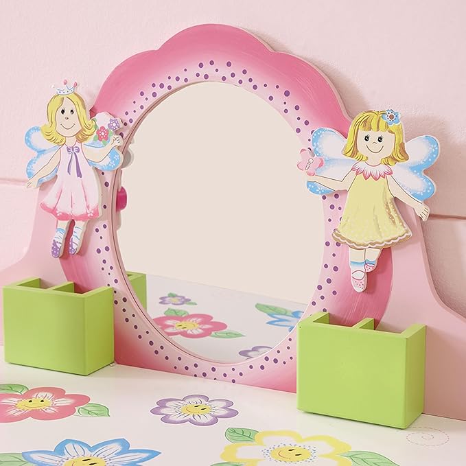 Kids Vanity Set with Stool, Wooden Makeup Dresser Table with Mirror, Flower Fairy Design with Storage Drawer, Safety Anti-Tip for Girls Age 3 and Up
