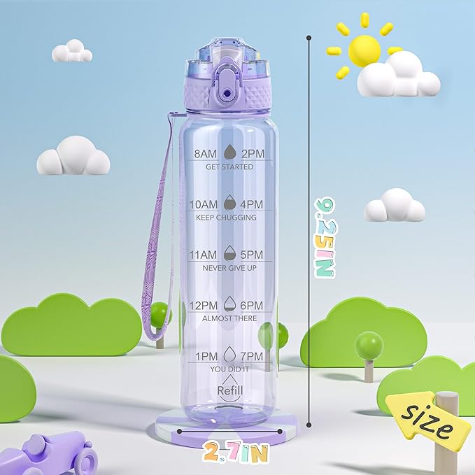 OLDLEY 17oz Kids Water Bottle for school Girls Boys, Motivational Water Bottles With Silicone Straw, Leak-Proof Tritan BPA-Free, Reusable water bottles for kids, Amethyst