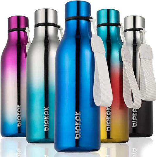 BJPKPK Insulated Water Bottles, 18 oz Stainless Steel Metal Water Bottle with Strap, BPA Free Leak Proof Thermo, Mugs, Flasks, Reusable Water Bottle for Sports & Travel, Shining Blue