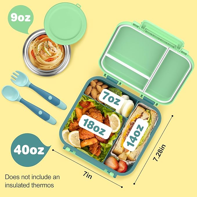 Bento Lunch Box for Kids with 9oz Thermo, Leak-proof Lunch Containers with 3 Compartments,Kids-friendly Size,Durable/Dishwasher Safe Lunch Box for School Outdoors-Green