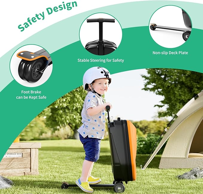 Scooter Hardshell Kids' Luggage, Foldable Carry on Kids Suitcase with Telescopic Handle for Travel, Multifunctional Ride On Lightweight Luggage with Wheels, Vitality Orange