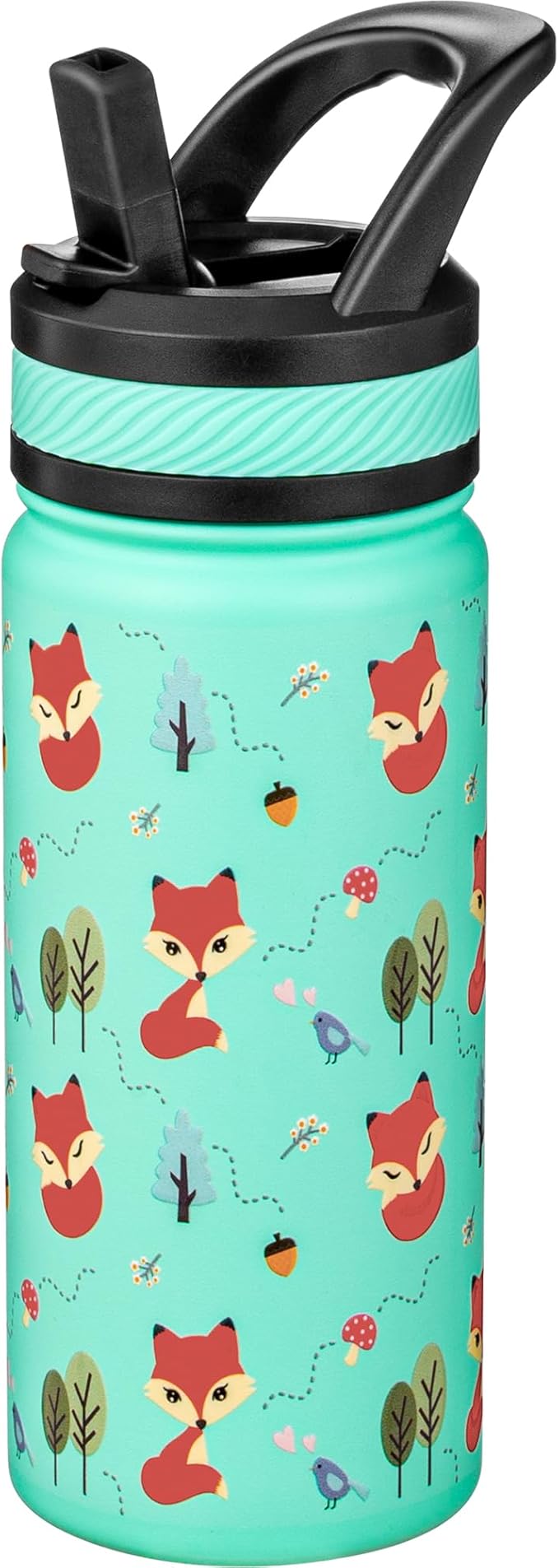 Fanhaw 18 Oz Kids Insulated Water Bottle with Straw - Stainless Steel Double Wall Vacuum Cup, Leakproof, BPA Free, Suitable for Boys and Girls(Green - Little Fox)