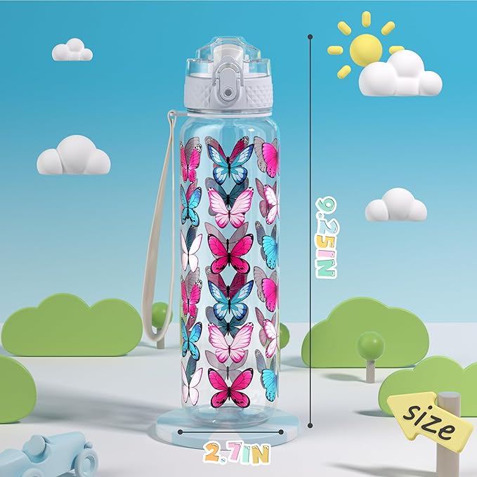 OLDLEY 17oz Kids Water Bottle for school Girls Boys, Water Bottle With Silicone Straw, Leak-Proof Tritan BPA-Free, Reusable water bottles for kids, Clear Butterflies