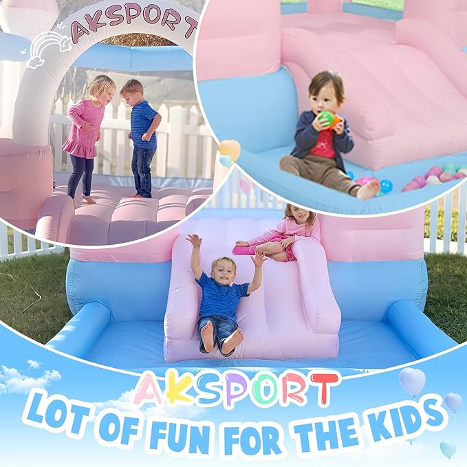AKSPORT Inflatable Bounce House for Kids，Macaron Bouncy Castle with Air Blower & Slide & Large Ball Pool for Birthday Party, Wedding, Gift, Indoor & Outdoor，11.8FT*8.2FT*8.5FT