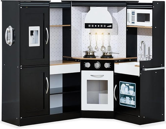 Best Choice Products Pretend Play Corner Kitchen, Ultimate Interactive Wooden Kids Playset w/Lights & Sounds, Ice Maker, Hood - Black