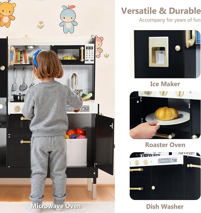 Kinder King Wooden Kids Play Kitchen, Kitchen Playset for Toddler Kid, Play Kitchen Toy Set w/Real Sounds, Pretend Microwave Oven, Ice Maker, Telephone, Gift for Boys Girls Age 3+,Black